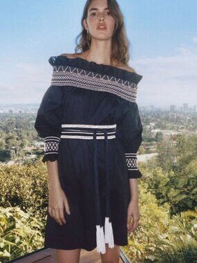 Maje Raffy Off Shoulder Smocked Cotton Dress Black Size small